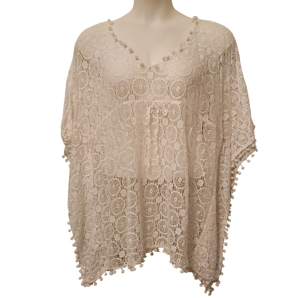 Raviya L Poncho White Crochet Lace Pom Pom Trim Beach Summer Cover Up Swim Pool